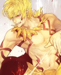 Rule 34 | 1boy, arm tattoo, blonde hair, blood, blood on face, chest tattoo, earrings, electricity, fate/grand order, fate (series), gilgamesh (fate), gradient background, grey background, hand up, harukazu, highres, jewelry, looking to the side, male focus, navel, necklace, nipples, open mouth, red eyes, short hair, solo, stomach tattoo, tattoo, toned, toned male, topless male, upper body