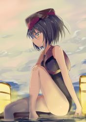 Rule 34 | 1girl, bare shoulders, black hair, blush, breasts, brown eyes, closed mouth, framed breasts, green eyes, grey sky, hair between eyes, hair ornament, hat, highres, hizaka, i-13 (kancolle), kantai collection, looking away, medium breasts, one-hour drawing challenge, one-piece swimsuit, sailor collar, school swimsuit, school uniform, serafuku, short hair, sitting, sky, solo, swimsuit, water