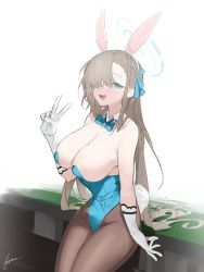 Rule 34 | 1girl, absurdres, animal ears, asuna (blue archive), asuna (bunny) (blue archive), black pantyhose, blonde hair, blue archive, blue eyes, bow, bowtie, breasts, collar, fake animal ears, fataaa, gloves, highres, large breasts, leotard, looking at viewer, mole, mole on breast, one eye covered, open mouth, pantyhose, playboy bunny, rabbit ears, rabbit tail, simple background, solo, tail, traditional bowtie, v, white gloves
