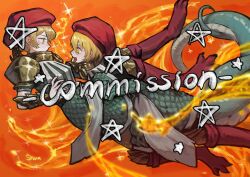 Rule 34 | 1boy, 1girl, animal legs, armor, blonde hair, collar, commission, don quixote (project moon), dress, e.g.o (project moon), food, gloves, green dress, hat, highres, hug, limbus company, lizard tail, open mouth, pauldrons, project moon, red gloves, red hat, shan23852196, shoulder armor, sinclair (project moon), smile, soup, tail, watermark, yellow eyes
