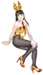 Rule 34 | 1girl, alternate costume, animal ears, aqua eyes, bare shoulders, black pantyhose, breasts, commentary request, detached collar, fake animal ears, full body, gold footwear, gold leotard, high heels, highleg, highleg leotard, highres, kantai collection, leotard, long hair, looking at viewer, necktie, ojipon, ooyodo (kancolle), open mouth, pantyhose, playboy bunny, red necktie, simple background, sitting, small breasts, smile, solo, strap, white background, wrist cuffs