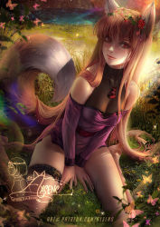 Rule 34 | 1girl, animal ears, axsen, banned artist, bare legs, between legs, breasts, brown hair, bug, butterfly, cleavage, closed mouth, dress, flower, hair between eyes, hair flower, hair ornament, hair over shoulder, hand between legs, head wreath, highres, holo, insect, long hair, long sleeves, looking at viewer, medium breasts, off-shoulder dress, off shoulder, purple dress, realistic, red eyes, red flower, short dress, signature, sitting, smile, solo, spice and wolf, sunlight, tail, very long hair, wariza, watermark, wolf ears, wolf tail