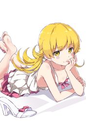 Rule 34 | 1girl, arm support, bakemonogatari, barefoot, blonde hair, blush stickers, bow, breasts, closed mouth, collarbone, commentary request, crossed ankles, dress, feet up, foreshortening, frilled dress, frills, full body, head rest, high heels, highres, legs up, long hair, looking at viewer, lying, monogatari (series), on stomach, oshino shinobu, pink bow, rauto, sandals, unworn sandals, shadow, unworn shoe, shoes, sidelocks, simple background, single shoe, small breasts, smile, soles, solo, sundress, the pose, toes, white background, yellow eyes