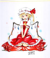 Rule 34 | 1girl, :d, ascot, asutora, blonde hair, commentary request, flandre scarlet, flower, hair between eyes, hair ornament, hat, looking at viewer, one side up, open mouth, mob cap, puffy short sleeves, puffy sleeves, red eyes, red flower, red rose, red skirt, red vest, rose, short sleeves, sitting, skirt, smile, solo, touhou, vest, wariza, wings, yellow ascot