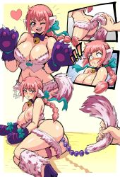 Rule 34 | 1girl, anal tail, animal ears, animal hands, ass, bell, blush, bow, braid, braided ponytail, breasts, butt plug, cat ears, cat paws, cat tail, cleavage, english text, fake tail, hair ribbon, halloween costume, heart, high heels, highres, jingle bell, large breasts, lewdamone, navel, nipples, one eye closed, one piece, open mouth, pink hair, rebecca (one piece), ribbon, sex toy, skirt, tail
