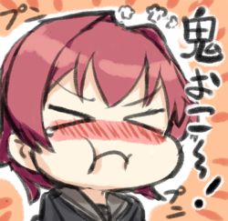 Rule 34 | &gt; &lt;, 10s, 1girl, :i, blush, closed eyes, commentary request, engiyoshi, kantai collection, kinu (kancolle), kinu kai ni (kancolle), lowres, pout, pun, red hair, school uniform, serafuku, short hair, solo, translation request