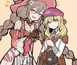 Rule 34 | 2girls, :d, alice (rune factory), blonde hair, blush, braid, breasts, brown hair, cleavage, closed mouth, collared shirt, commentary request, detached sleeves, dress, fang, fishnet top, fishnets, flower, green eyes, hair between eyes, hair flower, hair ornament, hand up, hat, heart, heart-shaped pupils, heart hands, heart hands duo, heart hands failure, korean commentary, long hair, long sleeves, looking at viewer, ludmila (rune factory), medium breasts, multiple girls, necktie, open mouth, pink necktie, pointy ears, pouch, purple eyes, red dress, red headwear, red sleeves, rune factory, rune factory 5, shirt, shoulder pads, small breasts, smile, striped clothes, striped dress, striped sleeves, symbol-shaped pupils, tb (spr1110), thumbs up, twin braids, very long hair, white flower, white shirt, wide sleeves, witch hat, yuri