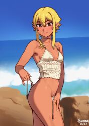 Rule 34 | 1girl, absurdres, artist name, bikini, blonde hair, breasts, brown eyes, closed mouth, cowboy shot, dark-skinned female, dark skin, dated, elf, hair between eyes, highres, looking at viewer, nail polish, navel, nil sunna, original, photo-referenced, pointy ears, short hair with long locks, small breasts, smile, solo, sunna (nilsunna), swimsuit, untied bikini, white bikini, yellow nails