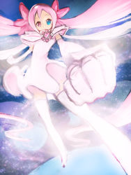 Rule 34 | 10s, 1girl, blue eyes, cape, dress, elbow gloves, eyelashes, gloves, heart, heartcatch precure!, heterochromia, highres, long hair, mugen silhouette, okera, pink eyes, pink hair, precure, solo, thighhighs, twintails, very long hair