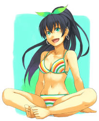 Rule 34 | 1girl, arm support, bad feet, barefoot, bikini, black hair, bow, butterfly sitting, earrings, fang, feet, feet together, ganaha hibiki, hair bow, high ponytail, hoop earrings, idolmaster, idolmaster (classic), jewelry, long hair, multicolored bikini, multicolored clothes, multicolored stripes, navel, open mouth, ponytail, sitting, solo, striped bikini, striped clothes, swimsuit, toes, yuuji (and)