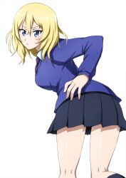 Rule 34 | 1girl, bc freedom school uniform, black dress, black socks, blonde hair, blue cardigan, blue eyes, blue necktie, cardigan, closed mouth, commentary, dress, dress shirt, from behind, frown, girls und panzer, hand on own hip, highres, kneehighs, kneepits, leaning forward, light blush, long sleeves, looking at viewer, looking back, medium hair, messy hair, necktie, omachi (slabco), oshida (girls und panzer), pinafore dress, pleated dress, school uniform, shirt, short dress, simple background, sleeveless, sleeveless dress, socks, solo, standing, white background, white shirt