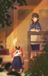 Rule 34 | 2girls, absurdres, animal, animal on lap, apron, arm rest, artist name, black hair, blonde hair, blue kimono, blurry, blurry foreground, cat, depth of field, hair over shoulder, highres, inoue takina, japanese clothes, kimono, leaf, long hair, looking at another, low twintails, lycoris recoil, maid, multiple girls, nishikigi chisato, no mouth, okobo, on lap, open mouth, outdoors, petting, porch, purple eyes, red eyes, red kimono, rnna, sandals, short hair, sidelocks, signature, sitting, standing, sunlight, turning head, twintails, wa maid, waist apron, white cat