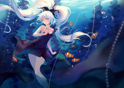 Rule 34 | 1girl, air bubble, arm at side, black dress, blurry, bubble, closed mouth, clownfish, collarbone, criin (659503), depth of field, dress, fish, floating, floating hair, frills, hair ornament, holding strap, long hair, looking at viewer, ocean, original, shinkai shoujo (vocaloid), sleeveless, sleeveless dress, smile, solo, sunlight, transparent, twintails, underwater, very long hair, vocaloid, white hair, yellow eyes