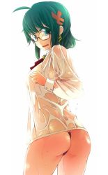 Rule 34 | 1girl, ahoge, artist request, ass, c-string, character request, copyright request, cowboy shot, earrings, glasses, green eyes, green hair, hair ornament, jewelry, long sleeves, matching hair/eyes, no pants, open mouth, shirt, solo, strapless bottom, wet, wet clothes, wet shirt