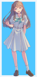 Rule 34 | 1girl, :d, aqua neckerchief, blue background, border, breasts, brown dress, brown footwear, brown hair, collarbone, commentary request, dress, fujishima megumi, full body, hand up, hasu no sora school uniform, highres, link! like! love live!, loafers, long hair, long sleeves, looking at viewer, love live!, macken666, medium breasts, neckerchief, open hand, open mouth, outside border, purple eyes, sailor collar, sailor dress, school uniform, shoes, smile, socks, solo, standing, two side up, virtual youtuber, white border, white sailor collar, white socks, winter uniform