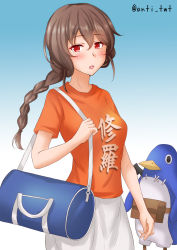 Rule 34 | 1girl, anti (untea9), bag, blue background, braid, brown hair, clothes writing, commentary request, cowboy shot, gradient background, highres, kantai collection, long hair, looking at viewer, official alternate costume, one-hour drawing challenge, orange eyes, orange shirt, shirt, single braid, skirt, souya (kancolle), standing, t-shirt, twitter username, white background, white skirt