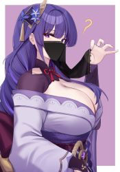 Rule 34 | 1girl, ?, absurdres, border, breasts, cleavage, commentary, genshin impact, hair ornament, hand up, highres, japanese clothes, kanta (kanta 077), kimono, large breasts, long hair, looking at viewer, mole, mole under eye, mouth veil, nail polish, obi, off shoulder, outside border, purple background, purple eyes, purple hair, purple kimono, purple nails, raiden shogun, sash, simple background, solo, upper body, veil, very long hair, white border