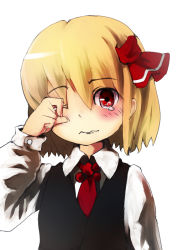 Rule 34 | 1girl, blonde hair, blush, embodiment of scarlet devil, face, female focus, hair ribbon, hand on own face, hand on own head, looking at viewer, murani, necktie, red eyes, red necktie, ribbon, rubbing eyes, rumia, short hair, solo, tears, touhou, white background