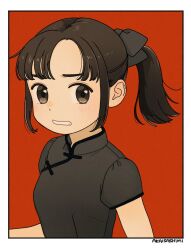 Rule 34 | 1girl, akai sashimi, artist name, asymmetrical bangs, border, breasts, brown eyes, brown hair, china dress, chinese clothes, dress, looking at viewer, original, parted lips, ponytail, red background, short sleeves, sidelocks, simple background, small breasts, solo, upper body, white border