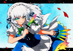 Rule 34 | 1girl, :d, apron, aqua eyes, bad id, bad pixiv id, between fingers, blue background, blue dress, blue ribbon, bow, braid, breasts, commentary request, day, dress, floating hair, gradient eyes, green bow, hair bow, hair ribbon, holding, holding knife, izayoi sakuya, knife, letterboxed, light blush, long hair, looking at viewer, maid apron, maid headdress, medium breasts, multicolored eyes, open mouth, outdoors, outside border, petals, petticoat, puffy short sleeves, puffy sleeves, qqqrinkappp, rainbow, ribbon, short sleeves, side braids, silver hair, simple background, sky, smile, solo, throwing knife, touhou, traditional media, tress ribbon, twin braids, unconnected marketeers, waist apron, weapon, white apron, white headwear