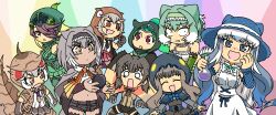 Rule 34 | 6+girls, ^ ^, alternate design, animal hood, animal print, bare shoulders, baweng satanic leaf gecko (kemono friends), baweng satanic leaf gecko (kemono friends) (old design), black hair, blush, brown eyes, cape, capelet, chibi, chinese water dragon (kemono friends), closed eyes, closed mouth, coat, constricted pupils, corset, dark-skinned female, dark skin, detached sleeves, dress, dual persona, fingerless gloves, flask, forehead protector, frilled hairband, frilled lizard (ex) (kemono friends), frilled lizard (kemono friends), frills, gloves, green hair, grey eyes, grey hair, hair horns, hair over one eye, hairband, hand on own cheek, hand on own face, hat, height difference, highres, holding, holding flask, hood, hood up, hooded capelet, hooded coat, jacket, jackson&#039;s chameleon (kemono friends), japanese clothes, kemono friends, kemono friends 3, komodo dragon (kemono friends), komodo dragon (kemono friends) (old design), lizard tail, long hair, long sleeves, looking at another, low twintails, medium hair, midriff, multicolored hair, multiple girls, navel, necktie, official alternate costume, open mouth, panther chameleon (kemono friends), print hood, print sleeves, red eyes, ringed eyes, round-bottom flask, scale print, shirt, short twintails, shorts, skirt, smile, srd (srdsrd01), stomach, swept bangs, tail, thighhighs, twintails, very long hair, vest, white hair, wide-eyed