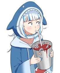 Rule 34 | 1girl, animal hood, blood, blue hair, blue nails, constricted pupils, cup, drinking, drinking straw, fish, francisco mon, gawr gura, gawr gura (1st costume), highres, holding, holding cup, hololive, hololive english, hood, looking to the side, multicolored hair, nail polish, shark hood, solo, streaked hair, two-tone hair, upper body, virtual youtuber, white hair