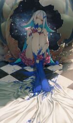 Rule 34 | 1girl, absurdres, bare arms, bare legs, barefoot, blue hair, blunt bangs, closed mouth, commentary request, crossed legs, dress, egg, eggshell, feet, frilled dress, frills, hand to own mouth, head tilt, highres, knees up, legs together, lize helesta, long hair, mochi (m0chi0000), multicolored hair, nijisanji, paint on body, paint splatter, paint splatter on face, pink eyes, red dress, scrunchie, sidelocks, silver hair, smile, solo, space, tile floor, tiles, toes, very long hair, virtual youtuber, wrist scrunchie