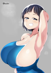 Rule 34 | 1girl, alternate breast size, arm behind head, arm up, armpits, black hair, blue eyes, blue one-piece swimsuit, blush, bob cut, breasts, bursting breasts, cleavage, grey background, grin, half-closed eyes, hand up, huge breasts, kirigaya suguha, large breasts, light blush, looking at viewer, looking to the side, one-piece swimsuit, school swimsuit, short hair, sideboob, simple background, skindentation, smile, smug, solo, swimsuit, sword art online, teeth, toudori, undersized clothes, upper body