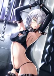 Rule 34 | 1girl, :o, alternate breast size, arched back, arm strap, armpits, arms behind back, bare shoulders, bdsm, black gloves, black panties, black thighhighs, blush, bondage, bound, bound wrists, bow, bow panties, breasts, buckle, chain, cleavage, cleavage cutout, clenched hands, clothing cutout, collar, collarbone, covered collarbone, covered erect nipples, cowboy shot, crop top, cross-laced clothes, cuffs, dutch angle, elbow gloves, eyebrows, facial scar, fate/apocrypha, fate/grand order, fate (series), from side, glint, gloves, green eyes, groin, hair between eyes, halterneck, highres, indoors, jack the ripper (fate/apocrypha), looking at viewer, moonlight, navel, night, night sky, nipples, open mouth, panties, prison, restrained, scar, scar on cheek, scar on face, short hair, sideboob, sky, small breasts, solo, standing, stomach, string panties, surprised, taut clothes, thigh strap, thighhighs, tile wall, tiles, tsukihayashi, underwear, white hair, window