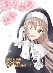 Rule 34 | 1girl, blush, brown eyes, cherry blossoms, commentary, congratulations, gloves, habit, hashiguchi hayato, light brown hair, long hair, long sleeves, looking to the side, nijisanji, nun, one eye closed, open mouth, outdoors, sister claire, sister claire (1st costume), smile, solo, traditional nun, upper body, virtual youtuber, white background, white gloves, wind