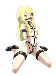 Rule 34 | 1girl, absurdres, arms behind back, ball gag, bdsm, black footwear, black panties, blonde hair, blush, bondage, bound, braid, breasts, collar, creatures (company), gag, gagged, game freak, green eyes, harness, high heels, highres, latex, lillie (pokemon), long hair, nintendo, no nipples, panties, pokemon, pokemon sm, restrained, shiny clothes, shiny skin, shoukin500, slave, small breasts, thick thighs, thighs, thong, underwear