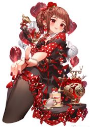 Rule 34 | 1girl, antique phone, balloon, brown hair, cake, cake slice, candy, cup, feet out of frame, food, heart balloon, highres, holding, holding candy, holding food, holding lollipop, lollipop, original, pantyhose, phone, pinky out, polka dot, red eyes, rotary phone, ryota (ry o ta), teacup