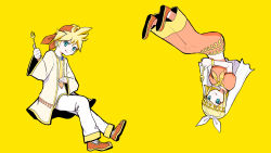 Rule 34 | blonde hair, bracelet, brother and sister, commentary request, cosmospice (vocaloid), fork, hair ornament, highres, holding, holding fork, jacket, jewelry, kagamine len, kagamine rin, licking lips, midriff, navel, neckerchief, necktie, official art, open clothes, open jacket, original, pinocchio-p, siblings, simple background, tongue, tongue out, traditional clothes, turban, twins, veil, vocaloid, yellow background, yellow neckerchief, yellow necktie, yellow theme