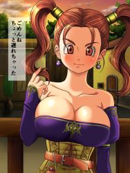 Rule 34 | 1girl, bad id, bad pixiv id, bare shoulders, blush, breasts, brown eyes, brown hair, cleavage, corset, dragon quest, dragon quest viii, dress, earrings, highres, jessica albert, jewelry, large breasts, long hair, looking at viewer, mitsuju you, mumumu (road), smile, solo, strapless, strapless dress, sunset, translation request, upper body
