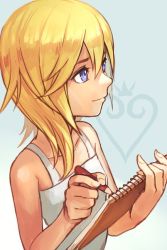 Rule 34 | 1girl, bare shoulders, blonde hair, blue eyes, breasts, closed mouth, dress, hungry clicker, kingdom hearts, kingdom hearts ii, medium hair, namine, simple background, solo, white dress