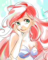 Rule 34 | 1girl, :/, aqua background, ariel (disney), arm under breasts, bikini, breasts, close-up, closed mouth, collarbone, curly hair, disney, eyelashes, fingernails, floating hair, furrowed brow, green eyes, hand on own cheek, hand on own face, highres, long hair, looking away, medium breasts, misoko, purple bikini, red hair, red lips, shell, shell bikini, simple background, solo, swimsuit, the little mermaid, two-tone background, underwater, upper body, white background