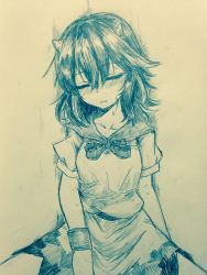 Rule 34 | 1girl, blush, bow, bowtie, bracelet, closed eyes, collarbone, commentary request, cowboy shot, drunk, efukei, hair between eyes, highres, horns, jewelry, kijin seija, monochrome, nose blush, parted lips, short sleeves, skirt, solo, sweat, touhou, traditional media