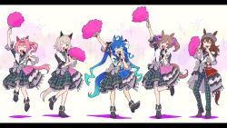 Rule 34 | 5girls, :d, ^ ^, ahoge, animal ears, aqua hair, arm up, beanie, black footwear, black jacket, blue hair, boots, bow, brown hair, checkered bow, checkered clothes, closed eyes, commentary request, crossed bangs, curren chan (umamusume), ear bow, ear covers, ears through headwear, frilled sleeves, frills, green skirt, grey bow, hair bow, hairband, hand fan, hand up, haru urara (umamusume), hat, heel up, highres, holding, holding microphone, horse ears, horse girl, horse tail, jacket, jumping, leg up, letterboxed, long hair, looking at viewer, microphone, multicolored hair, multiple girls, nakayama festa (umamusume), official alternate costume, one eye closed, open mouth, orange eyes, outstretched arm, pants, pink bow, plaid, plaid pants, plaid skirt, purple bow, purple eyes, sawa2neko, sharp teeth, sidelocks, skirt, smart falcon (umamusume), smile, sparkle, splendor of onyx (umamusume), standing, standing on one leg, striped bow, tail, teeth, twin turbo (umamusume), twintails, two-tone hair, umamusume, very long hair, white background