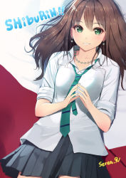 Rule 34 | 10s, 1girl, :d, bad id, bad pixiv id, bed sheet, black skirt, brown hair, character name, collarbone, collared shirt, cowboy shot, earrings, eyebrows, fingers together, from above, green eyes, highres, idolmaster, idolmaster cinderella girls, jellytits-7, jewelry, long hair, long sleeves, looking at viewer, looking up, necklace, open mouth, parted lips, shibuya rin, shirt, skirt, sleeves pushed up, smile, solo, teeth, white shirt, wing collar