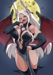 Rule 34 | 1girl, absurdres, animal ears, bare shoulders, bat (animal), bat wings, black dress, black gloves, black thighhighs, blood, blush, boku no hero academia, breasts, bridal gauntlets, commentary, dangle earrings, dark-skinned female, dark skin, dress, earrings, english commentary, fangs, finger to mouth, fingernails, full moon, gloves, halloween, hand on own hip, highres, jewelry, large breasts, long eyelashes, long fingernails, long hair, looking at viewer, low wings, mirko, moon, navel, omanju25, open mouth, parted bangs, pelvic curtain, rabbit ears, rabbit girl, red eyes, red nails, smile, solo, thighhighs, thighs, toned, tongue, tongue out, very long hair, white hair, wings