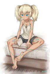Rule 34 | 1girl, absurdres, aged down, bare legs, barefoot, bed, blonde hair, blue eyes, body markings, book, breasts, child, cleavage, collarbone, earrings, elf, hairband, highres, jewelry, lettanya (maxa&#039;), original, pointy ears, reading, ribbon, single earring, sitting, small breasts, solo, tank top, tiptoes, toes, tsukimaru (ls 99ml), twintails, wooden floor