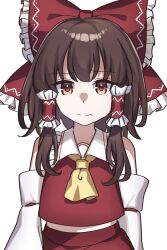 Rule 34 | 1girl, ametama (runarunaruta5656), ascot, bare shoulders, bow, brown eyes, brown hair, closed mouth, detached sleeves, hair bow, hair tubes, hakurei reimu, highres, japanese clothes, long hair, nontraditional miko, red bow, sidelocks, simple background, solo, touhou, upper body, white background, white sleeves, wide sleeves, yellow ascot