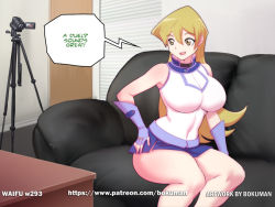 Rule 34 | 1girl, blonde hair, bokuman, breasts, camera, casting couch, couch, english text, large breasts, long hair, miniskirt, sitting, skirt, solo, tagme, tenjouin asuka, thick thighs, thighs, yellow eyes, yu-gi-oh!, yu-gi-oh! gx
