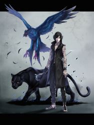 Rule 34 | 1boy, absurdres, animal, arm tattoo, beak, belt, belt buckle, bird, bite addict, black coat, black feathers, black fur, black gloves, black hair, black pants, blue feathers, bracelet, buckle, cane, cat, chain, closed mouth, coat, devil may cry (series), devil may cry 5, extra, extra eyes, extra tongue, falling feathers, feathers, fingerless gloves, flying, full body, full-body tattoo, gloves, green eyes, hand tattoo, highres, holding, holding cane, jewelry, lens flare, necklace, no shirt, panther, pants, pocket, red eyes, ring, sandals, short hair, smile, standing, talons, tattoo, tongue, tongue out, walking, whiskers, wings, yellow eyes