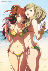 Rule 34 | 2girls, ad, ale (ale halexxx), artist name, ass, bare shoulders, beach, bikini, blonde hair, blue eyes, breasts, brown hair, can, cleavage, commission, drink can, earrings, female focus, hair ornament, hand on another&#039;s back, highres, holding, holding can, jewelry, kujikawa rise, long hair, matching outfits, medium breasts, multiple girls, navel, persona, persona 4, persona 5, red hair, side-tie bikini bottom, skindentation, smile, soda can, standing, stomach, string bikini, swimsuit, takamaki anne, trait connection, twintails, yellow eyes