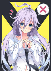 Rule 34 | 1girl, ^^^, ahoge, black necktie, blue eyes, blue hair, blush, breasts, collarbone, crossed fingers, dress shirt, gradient hair, hair between eyes, head tilt, impossible clothes, impossible shirt, light purple hair, looking at viewer, matching hair/eyes, medium breasts, milkpanda, multicolored hair, necktie, open mouth, original, outline, shirt, sleeves past wrists, solo, spoken x, two-tone hair, unbuttoned, upper body, white shirt, x fingers