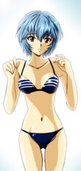 Rule 34 | absurdres, ayanami rei, bikini, blue hair, cameltoe, gentoku, highres, neon genesis evangelion, red eyes, short hair, simple background, solo, standing, striped bikini, striped clothes, swimsuit, tagme, thigh gap, white background