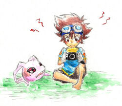 Rule 34 | brown hair, digimon, digimon (creature), goggles, goggles on head, handheld game console, koromon, looking at another, playstation portable, red eyes, sharp teeth, star (symbol), teeth, yagami taichi