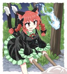 Rule 34 | 1girl, animal ears, black bow, black dress, black ribbon, bow, braid, cat ears, cat tail, chups, dress, extra ears, fang, frilled dress, frilled sleeves, frills, green frills, hair bow, highres, hitodama, kaenbyou rin, long sleeves, multiple tails, neckwear request, outdoors, red eyes, red hair, red neckwear, ribbon, tail, touhou, twin braids, two tails, wheelbarrow