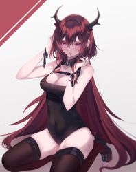 Rule 34 | 1girl, arknights, bare arms, bare shoulders, black thighhighs, blush, breasts, cleavage, commentary request, covered navel, gradient background, grey background, hair between eyes, hands up, highres, horns, long hair, looking at viewer, medium breasts, open mouth, purple eyes, red hair, seiza, shokuyou koori, sitting, sleeveless, solo, surtr (arknights), thighhighs, thighs, very long hair